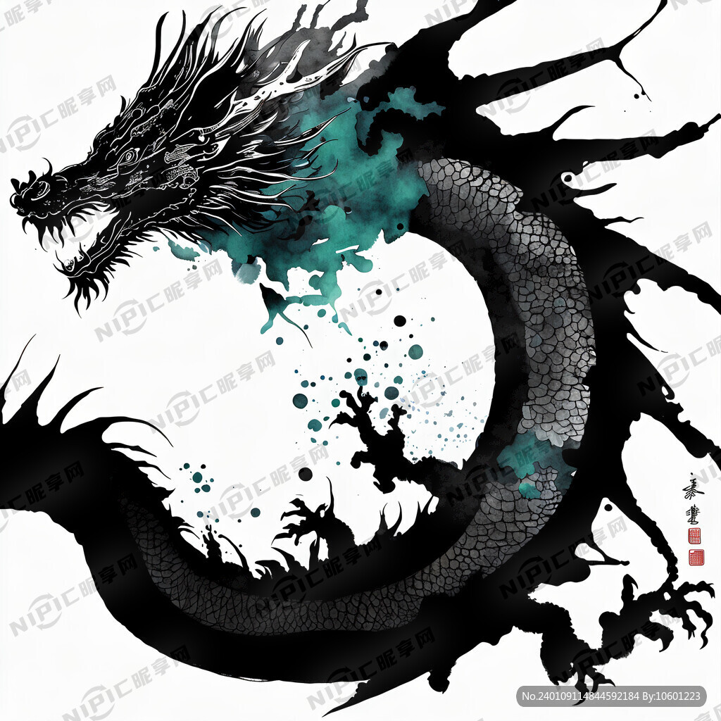 一条黑色剪影游龙 白色背景