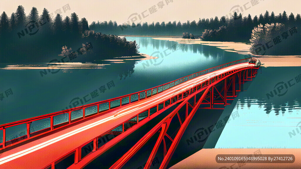 大桥 湖面 科技线条 红色