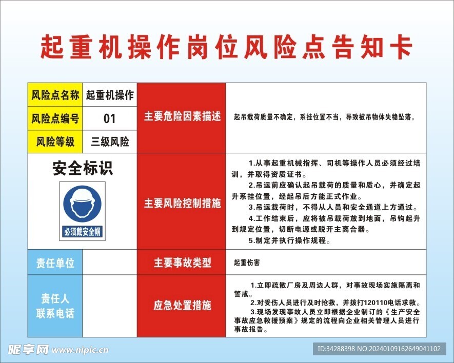 起重机操作岗位风险点告知卡