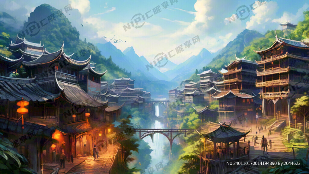 梦幻唯美苗寨主体全景 明亮清晰