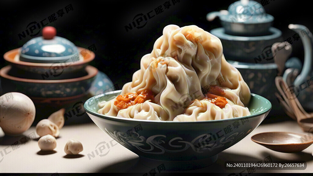 一碗小混沌 冒热气 黑背景