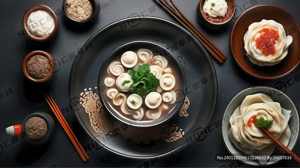 一碗小混沌 俯视图 纯黑背景