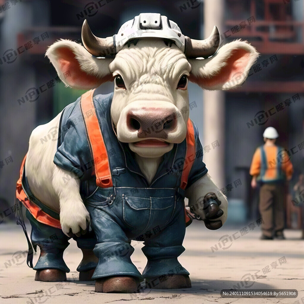 吉祥物 牛 工人 带安全帽