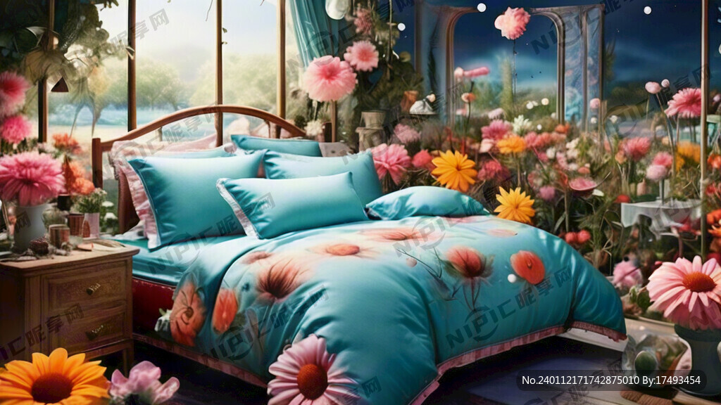 梦幻花海中的床上用品展示