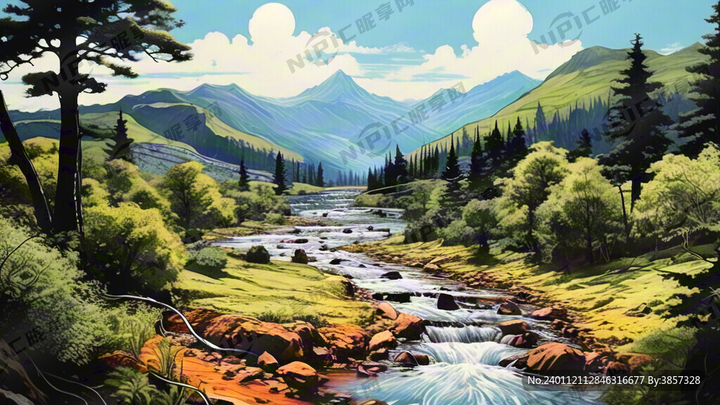 线描 山水 溪流