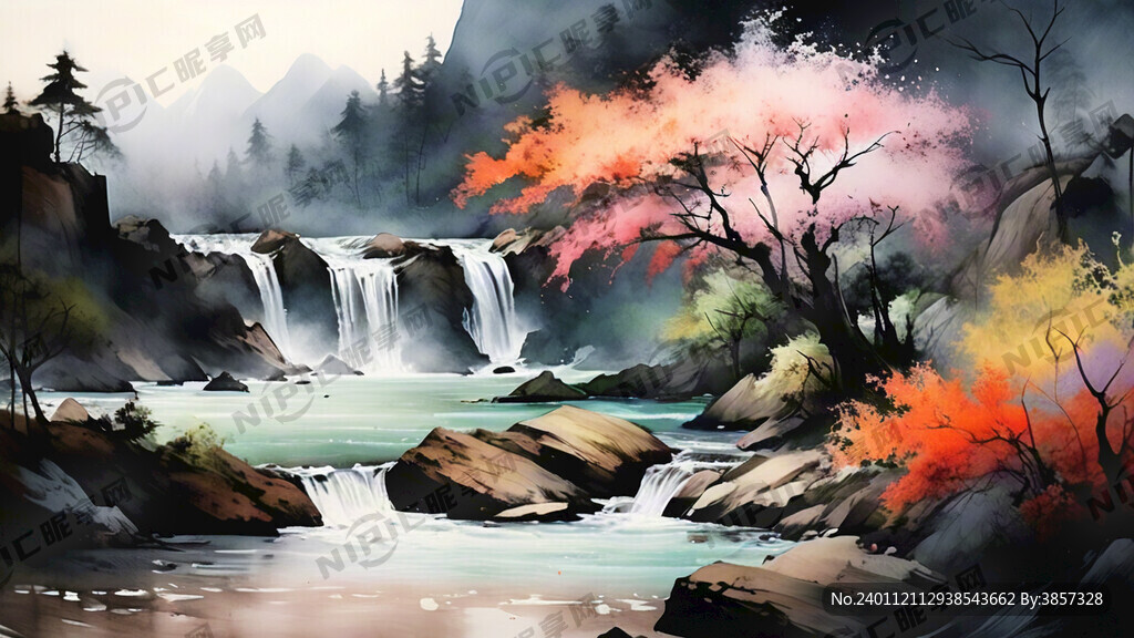 中国 传统 线描 山水 溪流