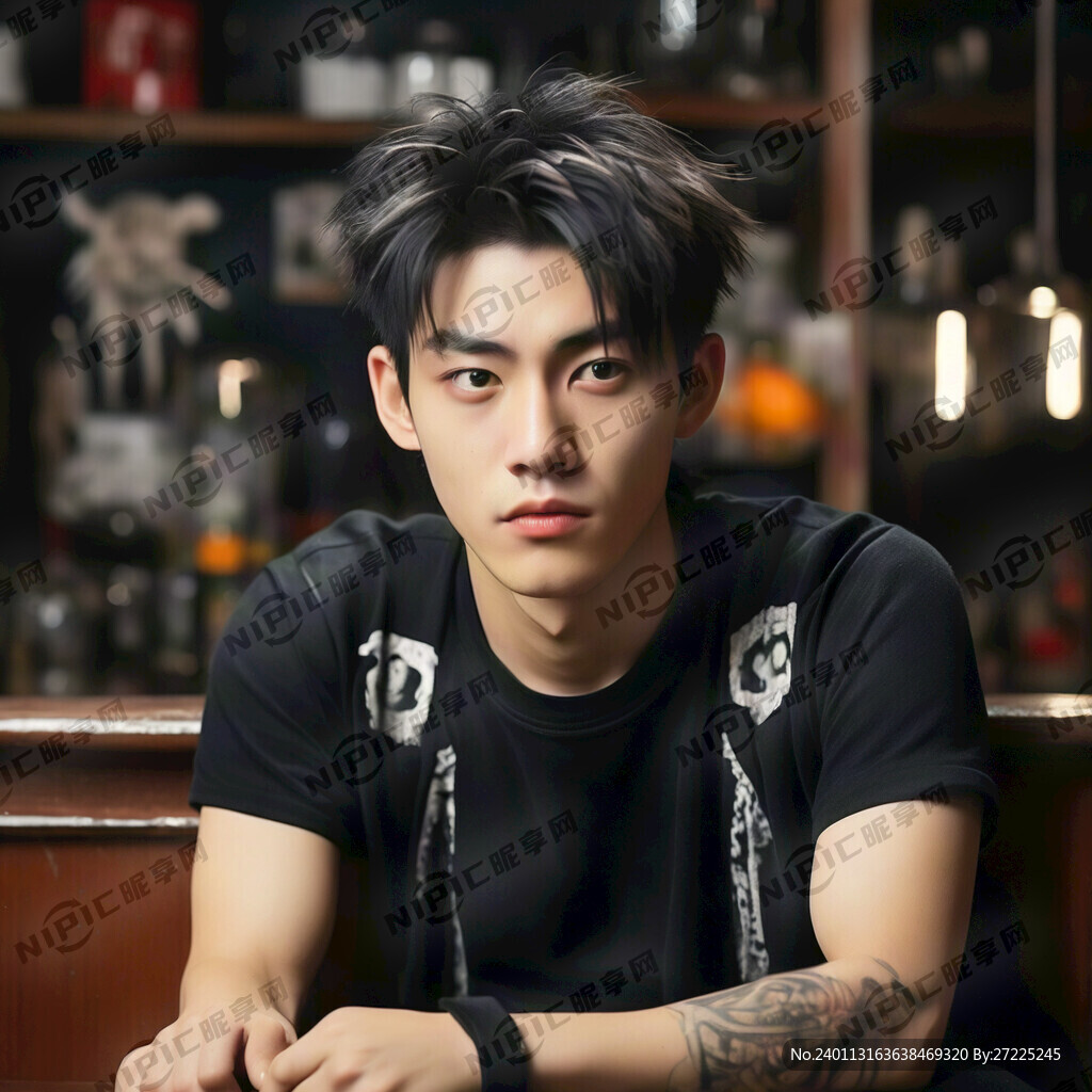 一个身穿黑色衣服的男生侧身坐在