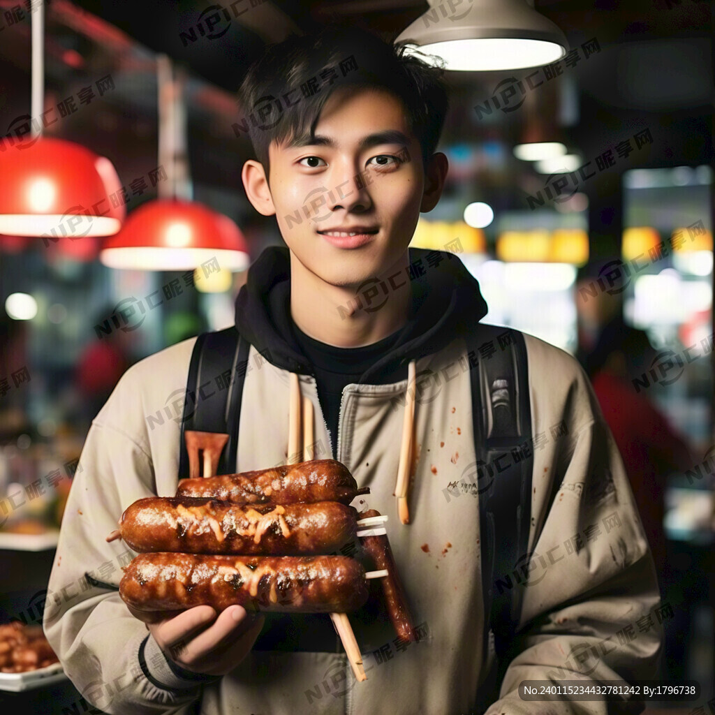 拿着烧烤肠的男生
