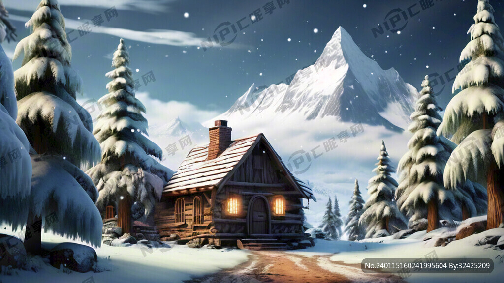 冰雪世界 雪山 松树 卡通