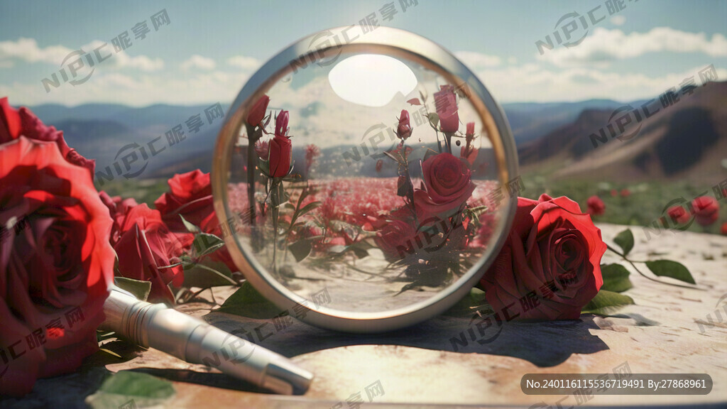 照片的山丘覆盖着红色的玫瑰花