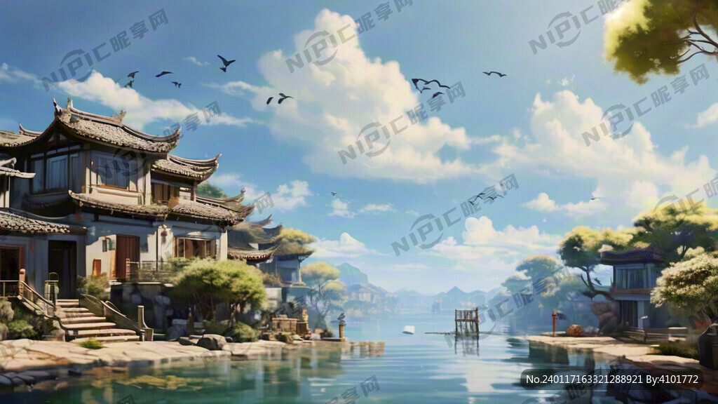 蓝天白云有山有水有房子有少量人