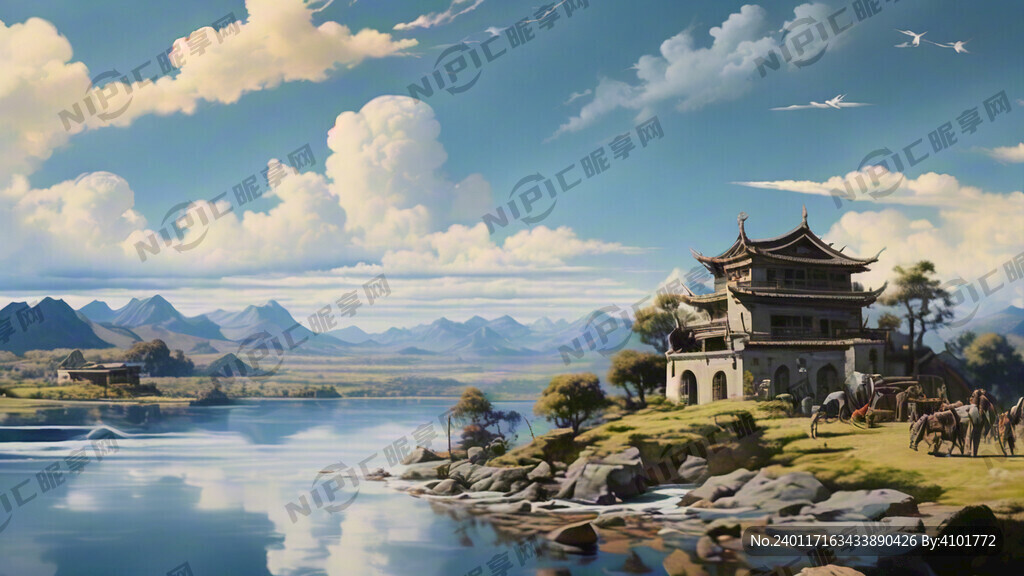 蓝天白云高山有水有房子有少量人