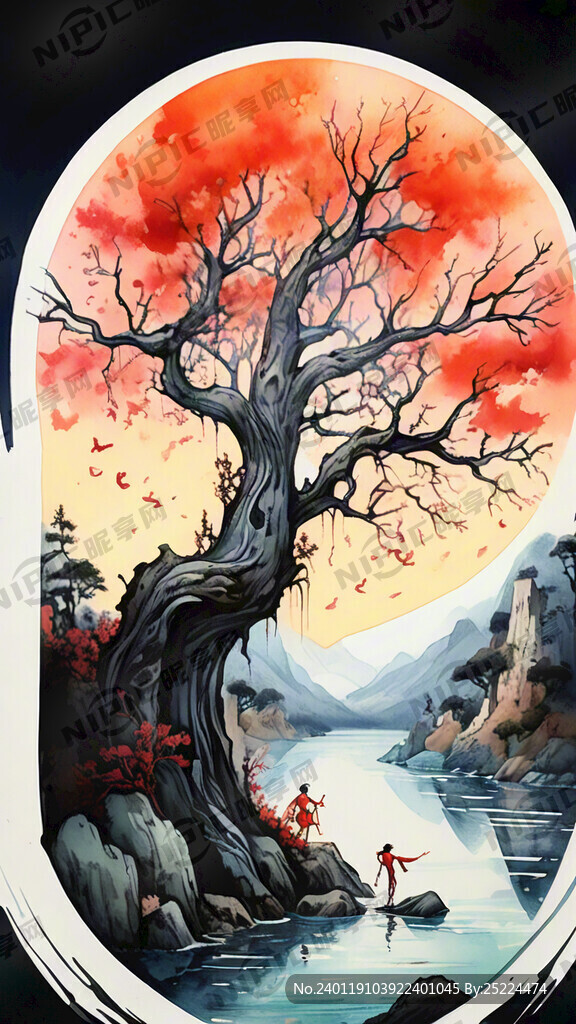 笔直树干 国潮风 轮廓清晰简单