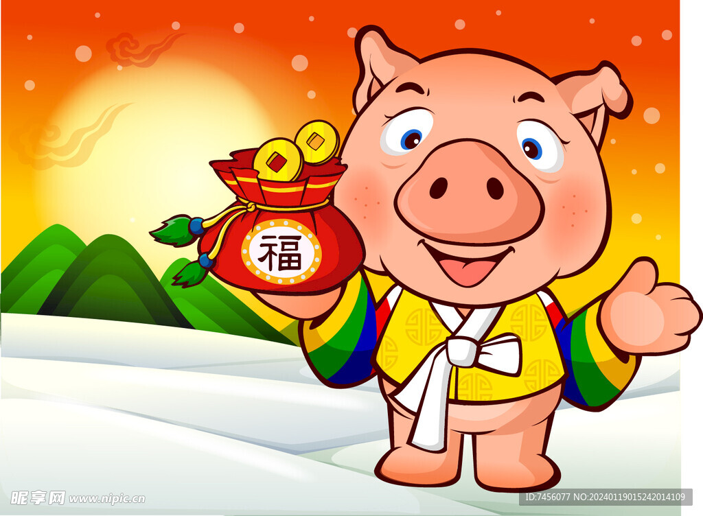 福袋猪韩版矢量风景画插画