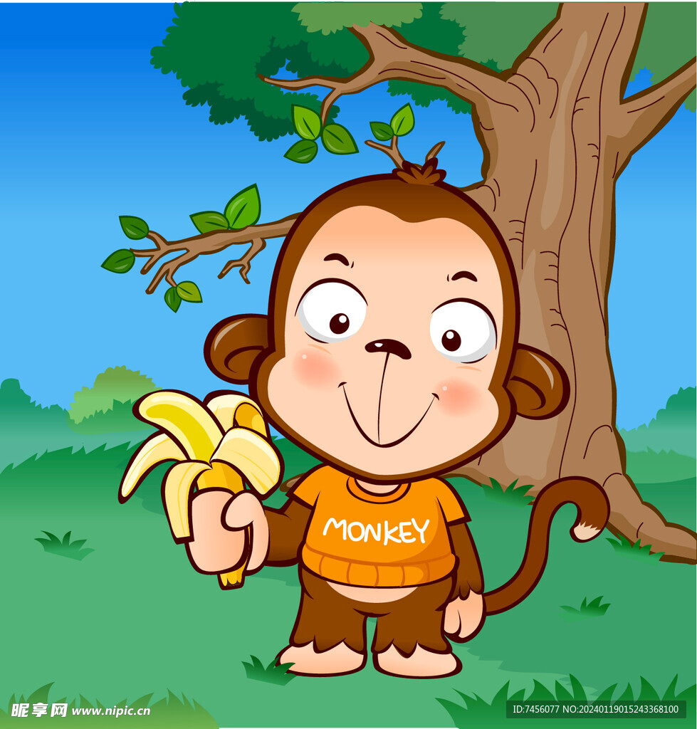 拿着香蕉的猴子大树风景画插画