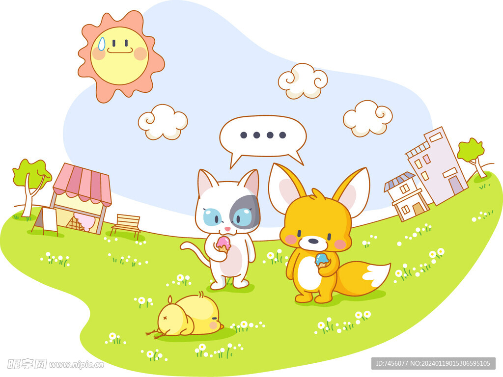 公园草地猫狐狸插画