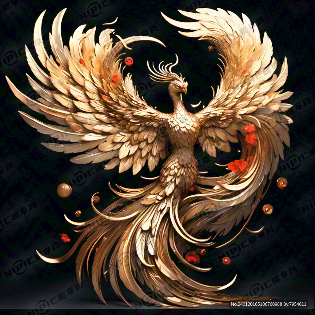 金色的凤凰 长长的尾巴弯曲下垂