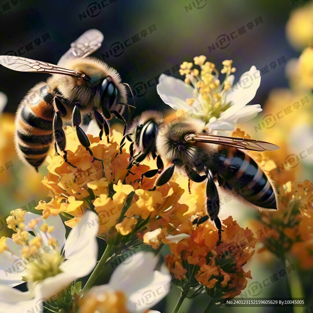 一群蜜蜂在一大片油菜花田里面采