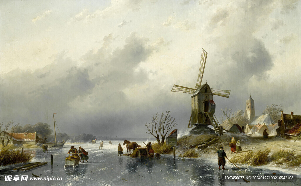 风车湖泊油画风景画