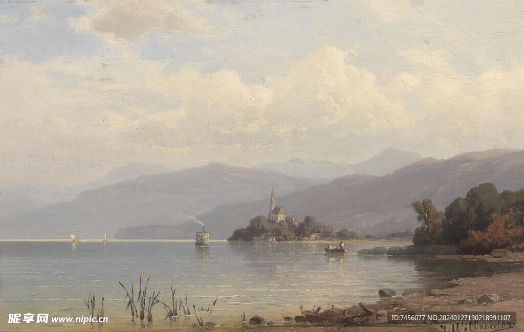 湖泊美景油画风景画