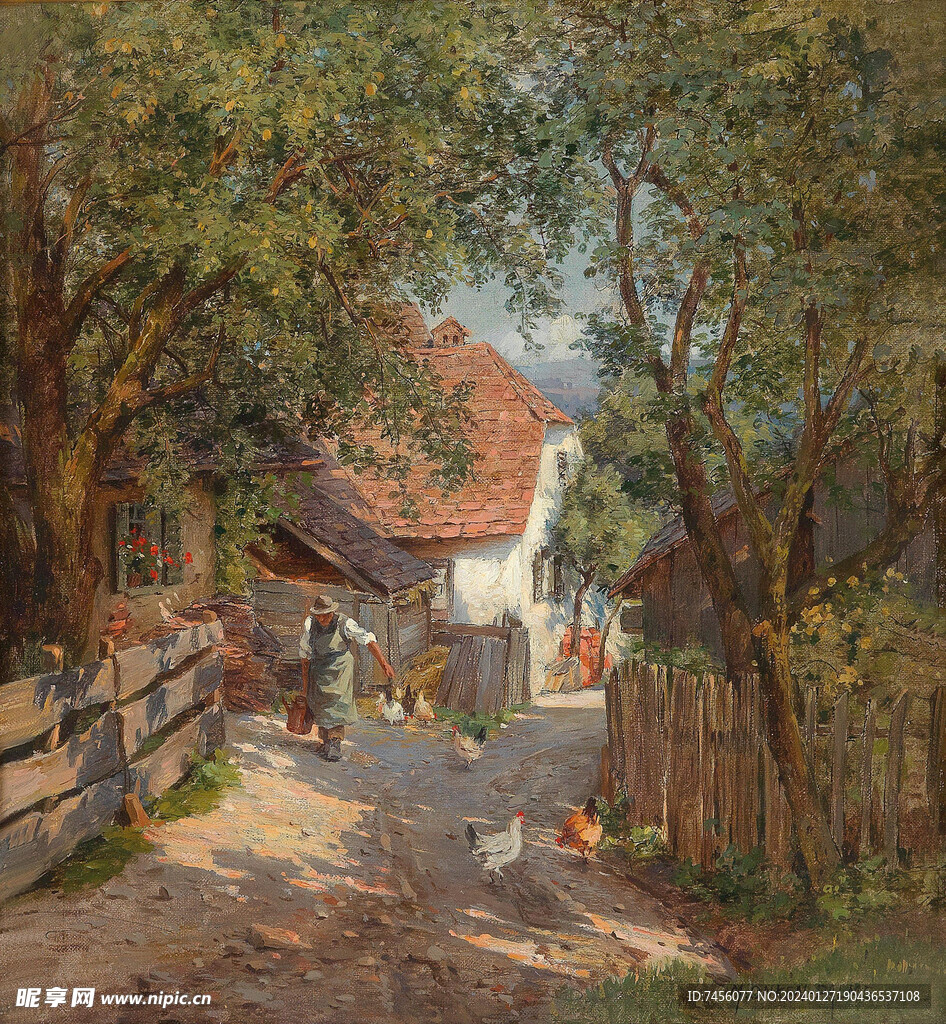 农村道路美景油画