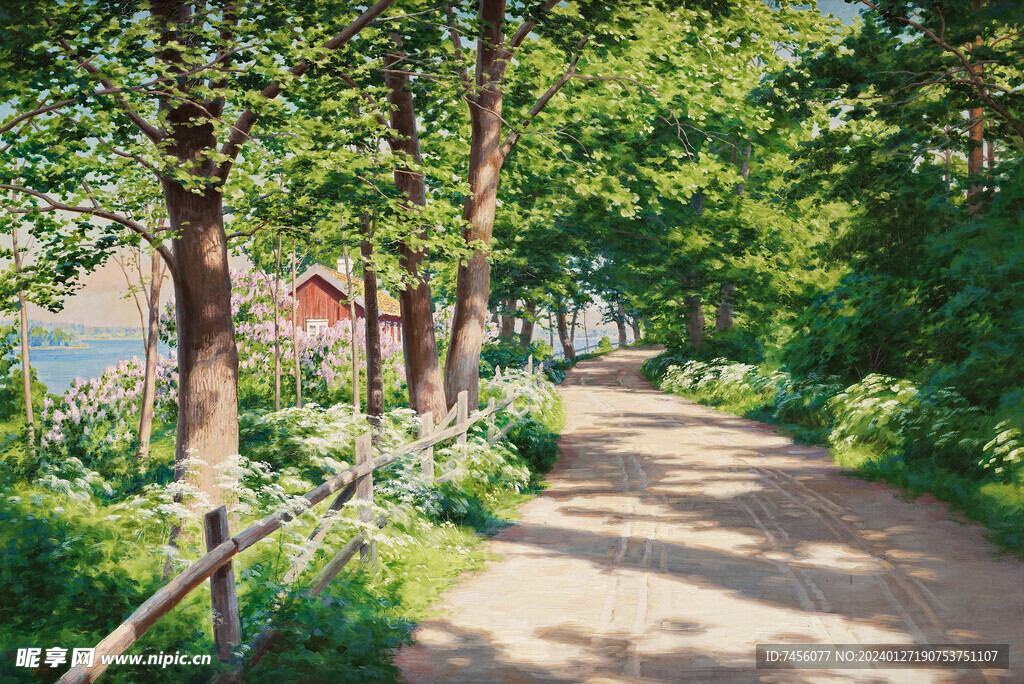 树林道路水彩风景画油画