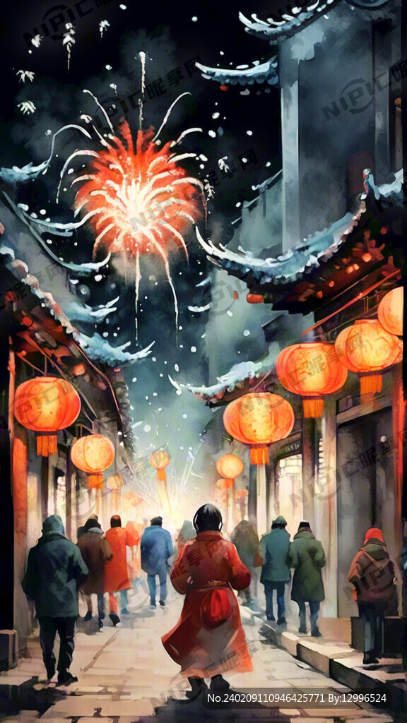 大红灯笼 放烟花 舞龙 摄影图