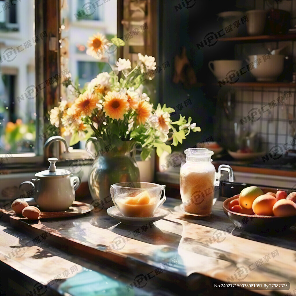 阳光明媚的厨房场景