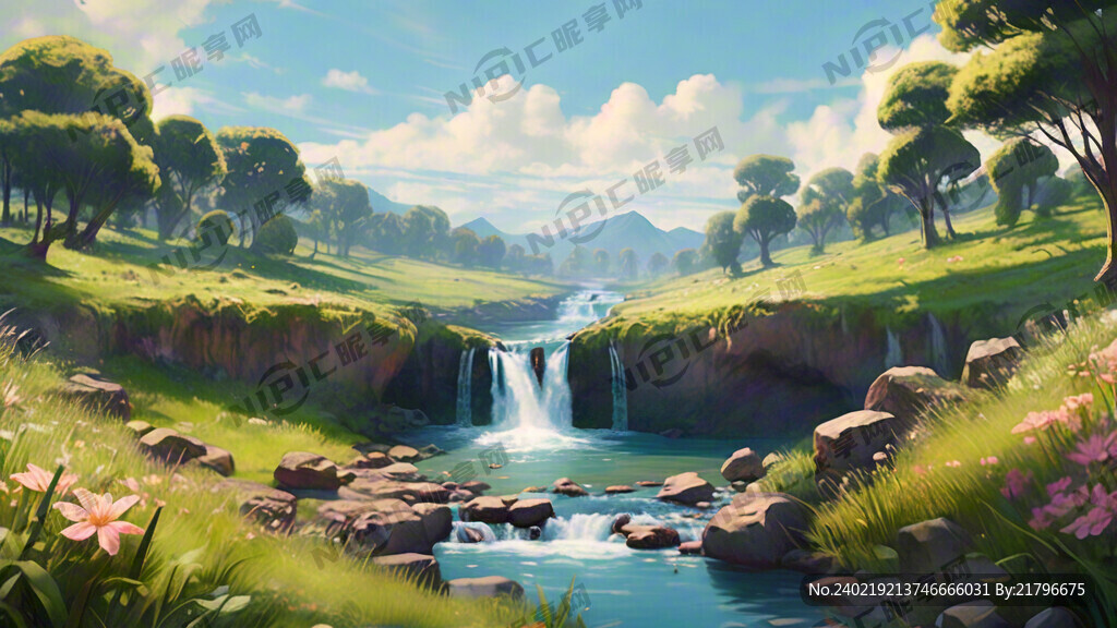 瀑布河流 平原草地 自然风光