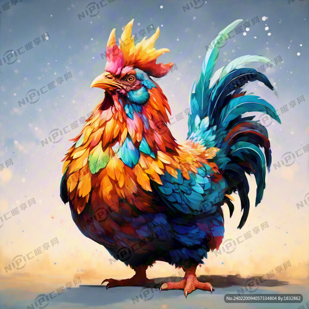 一只彩色的大公鸡在阳光下
