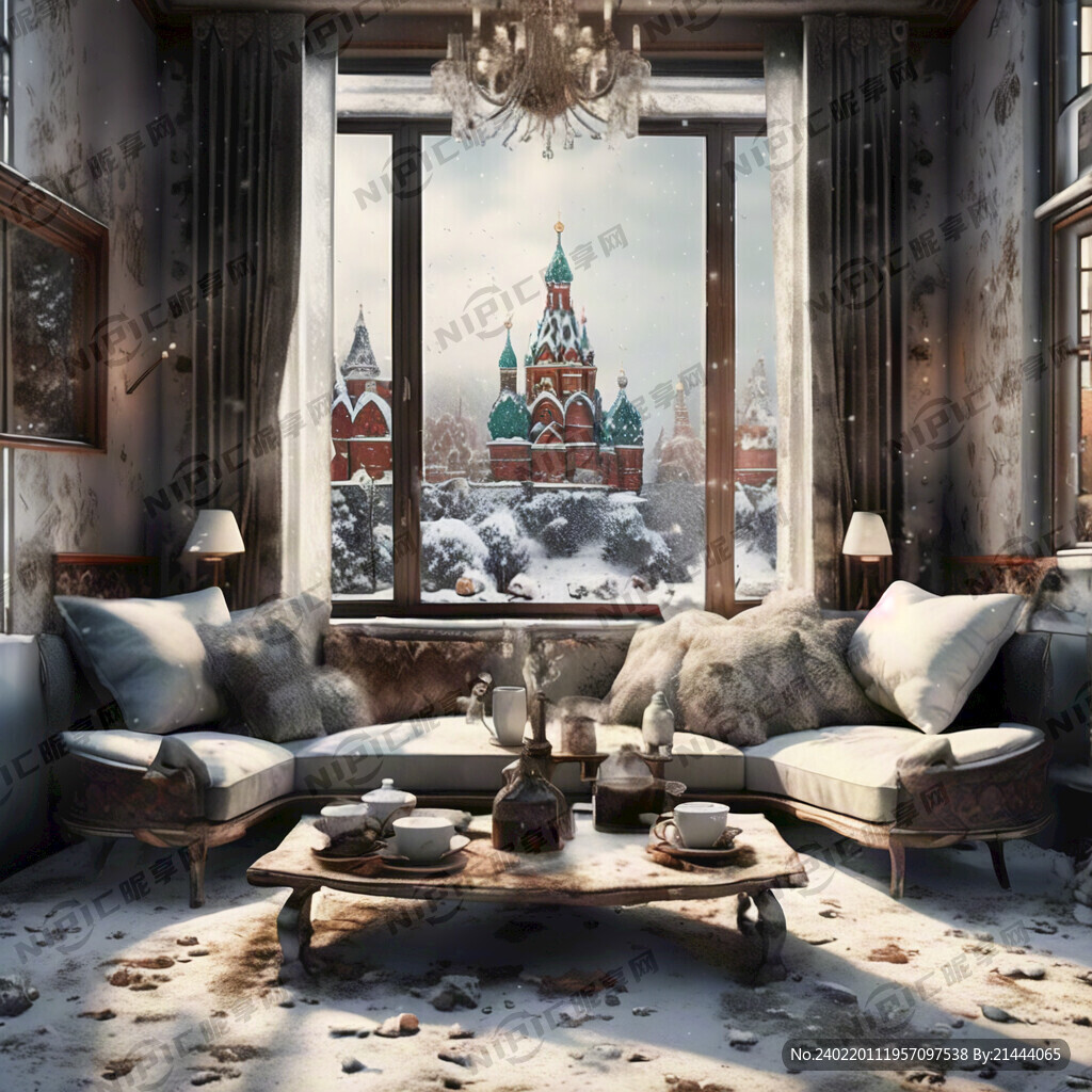 远景是冬天积雪的俄罗斯风格建筑