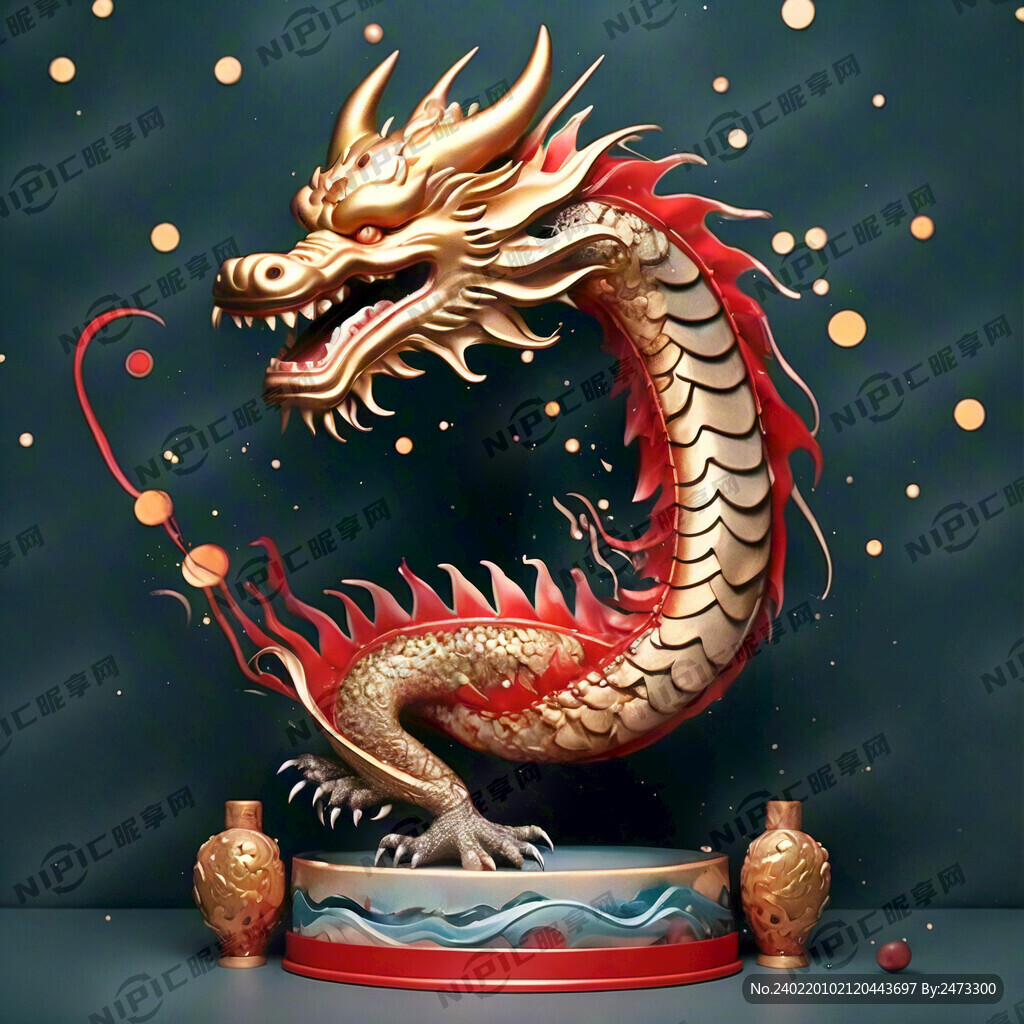 中国龙 金色 祥云 红色 全身