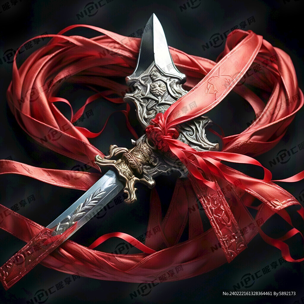 缠绕 宝剑 红色丝带