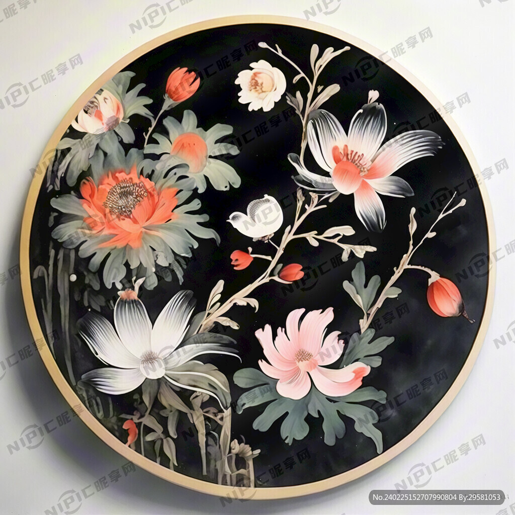 花鸟 黑色背景 装饰画 圆形