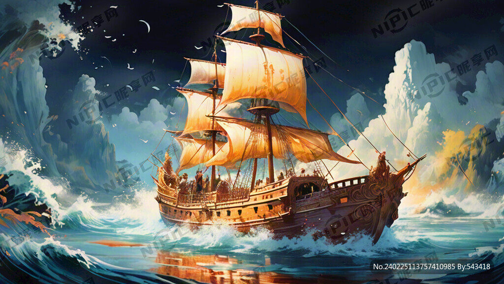 汹涌的浪花　鼓风前行的大船　蓝