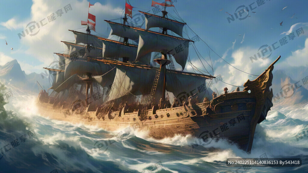 蓝天　明代大船在汹涌的浪花中前