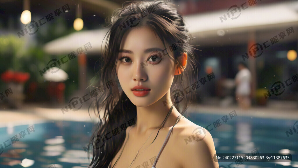 一个美女 站在泳池中 真实人物