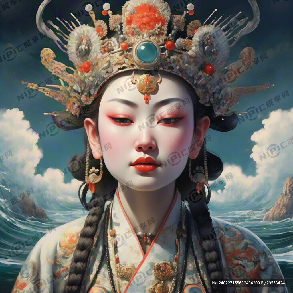 插画妈祖娘娘面朝大海  头饰 