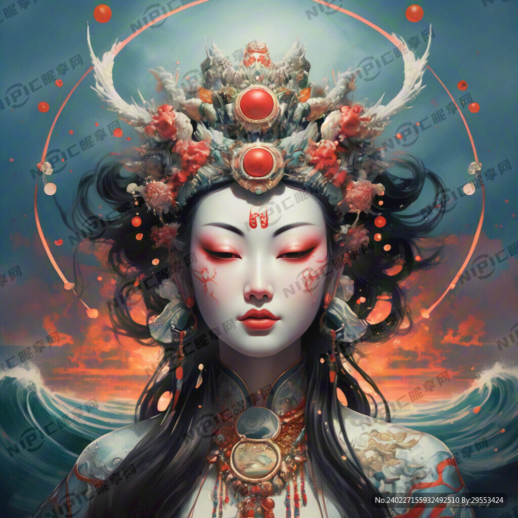 插画妈祖娘娘面朝大海 远景  