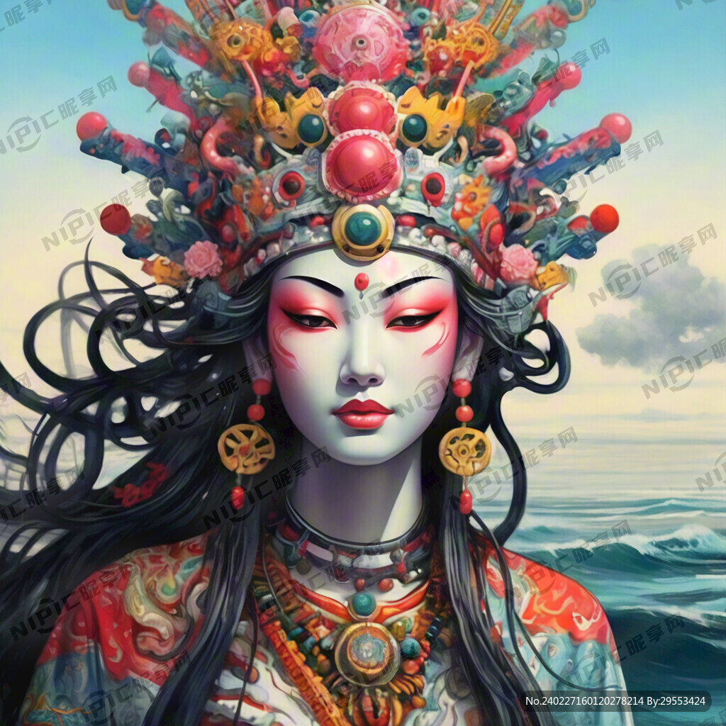 彩色线描妈祖娘娘面朝大海 头饰