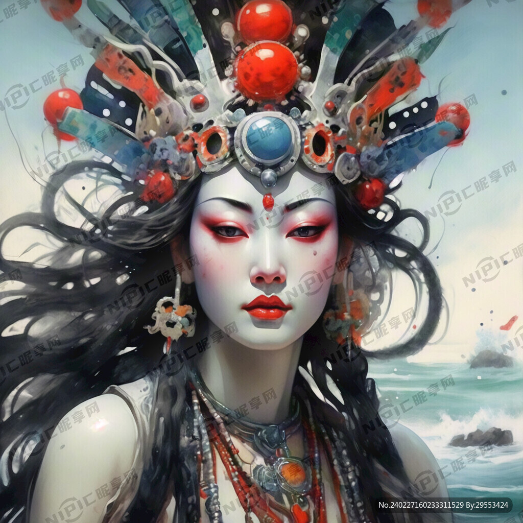 彩色白描妈祖娘娘面朝大海 头饰