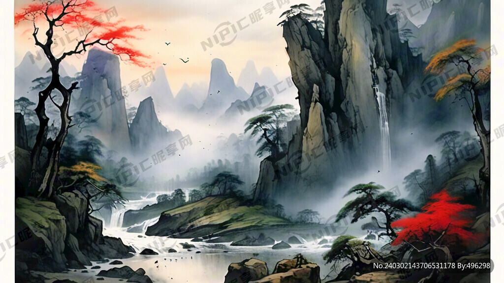 山谷 中国风 中国画 山水