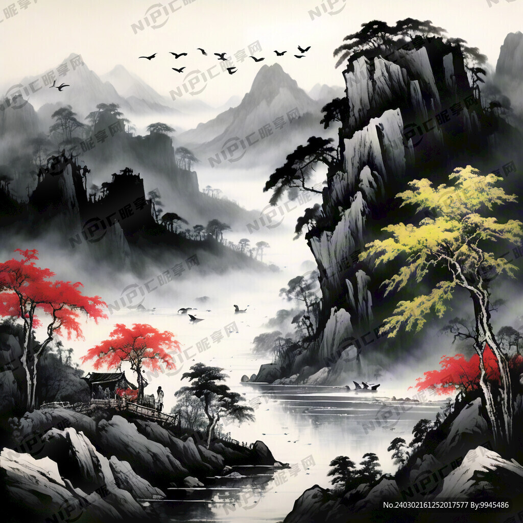 中国风山水画 铜版画风格 手绘