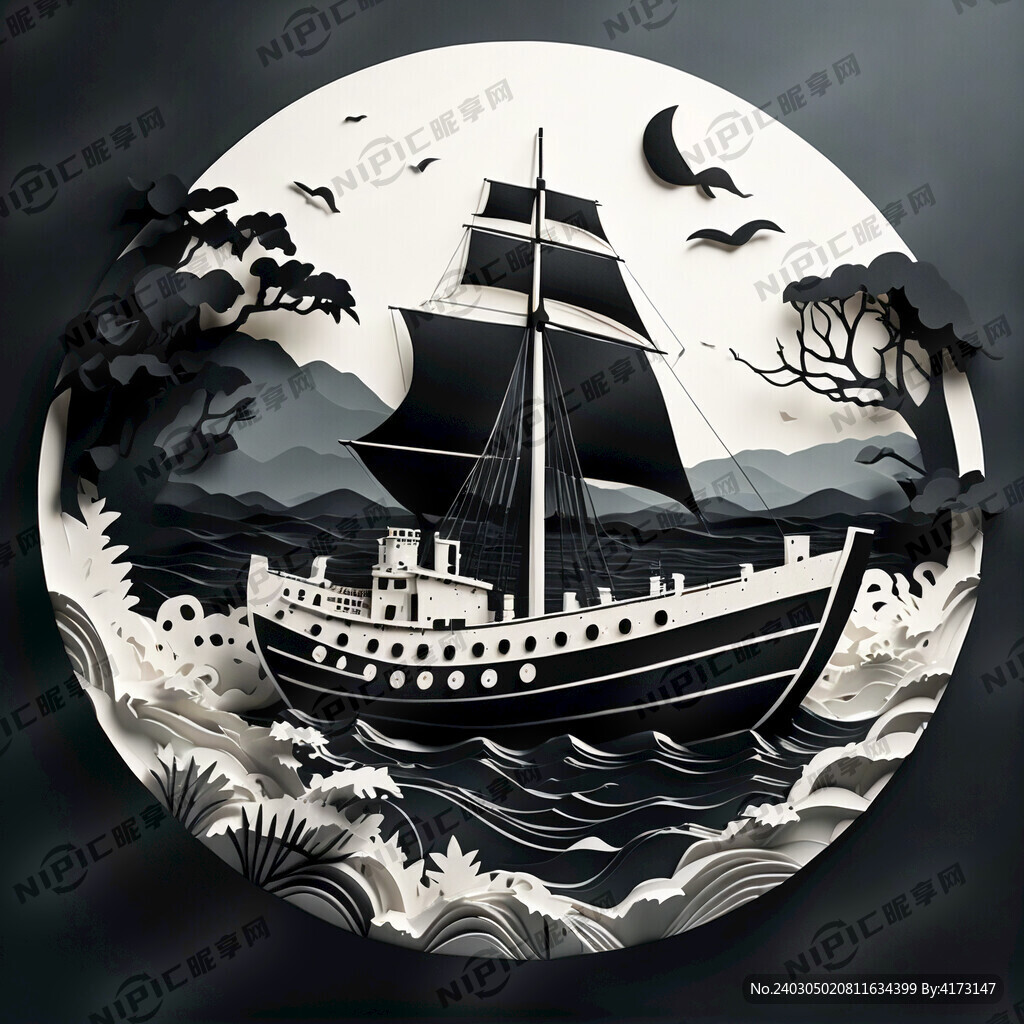 船 图形 黑白 扁平 剪纸艺术