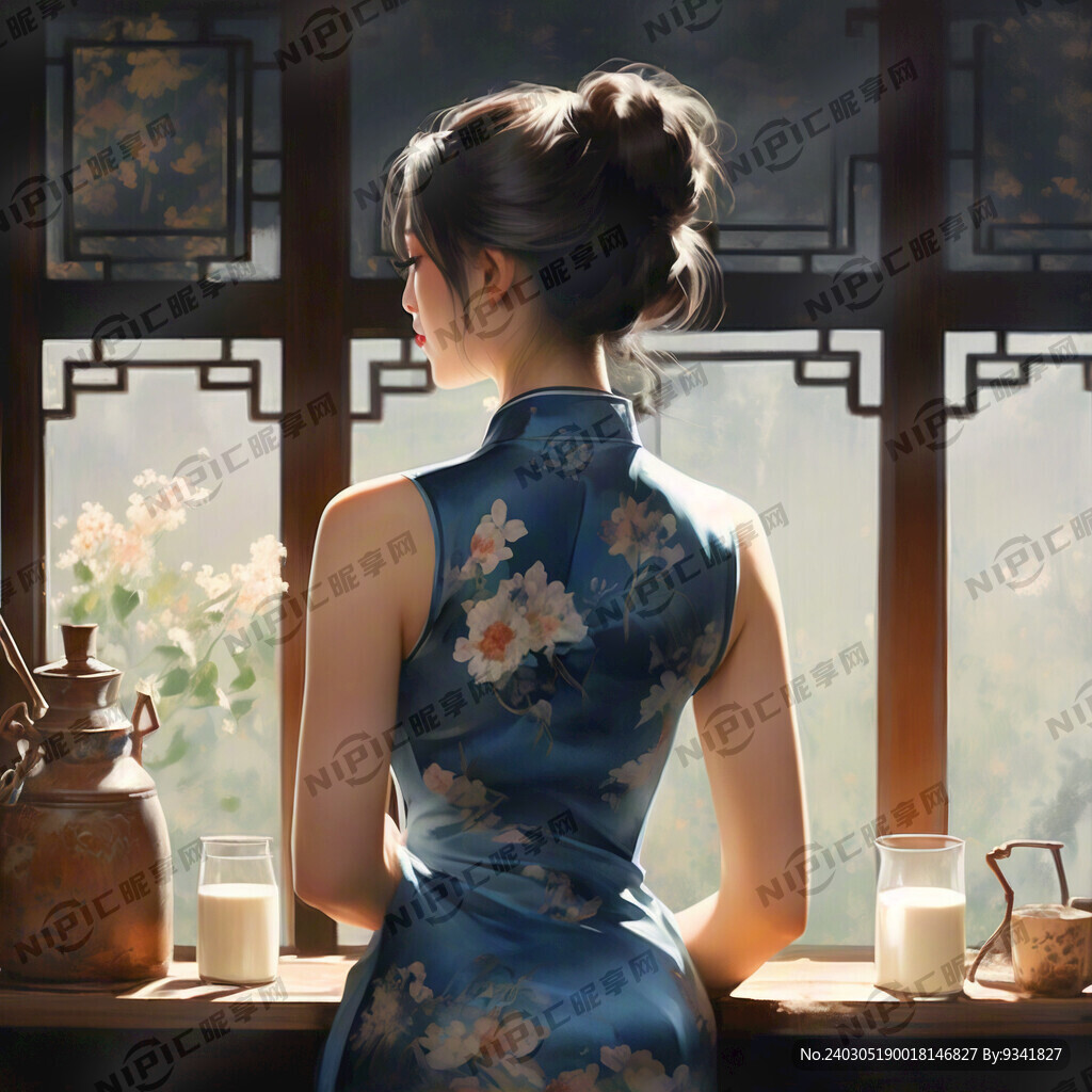 牛奶 女生 旗袍背影 海报