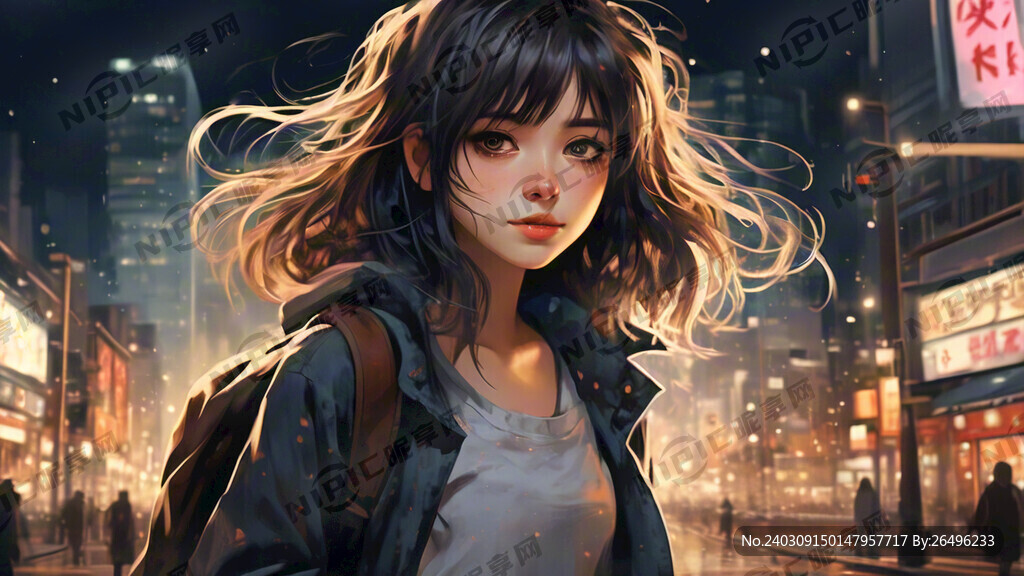 夜晚繁华城市 一个女孩