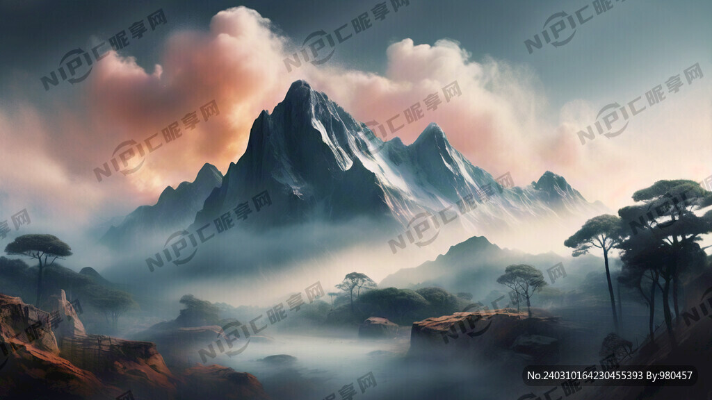 远山 飘渺烟雾笼罩 淡彩风格