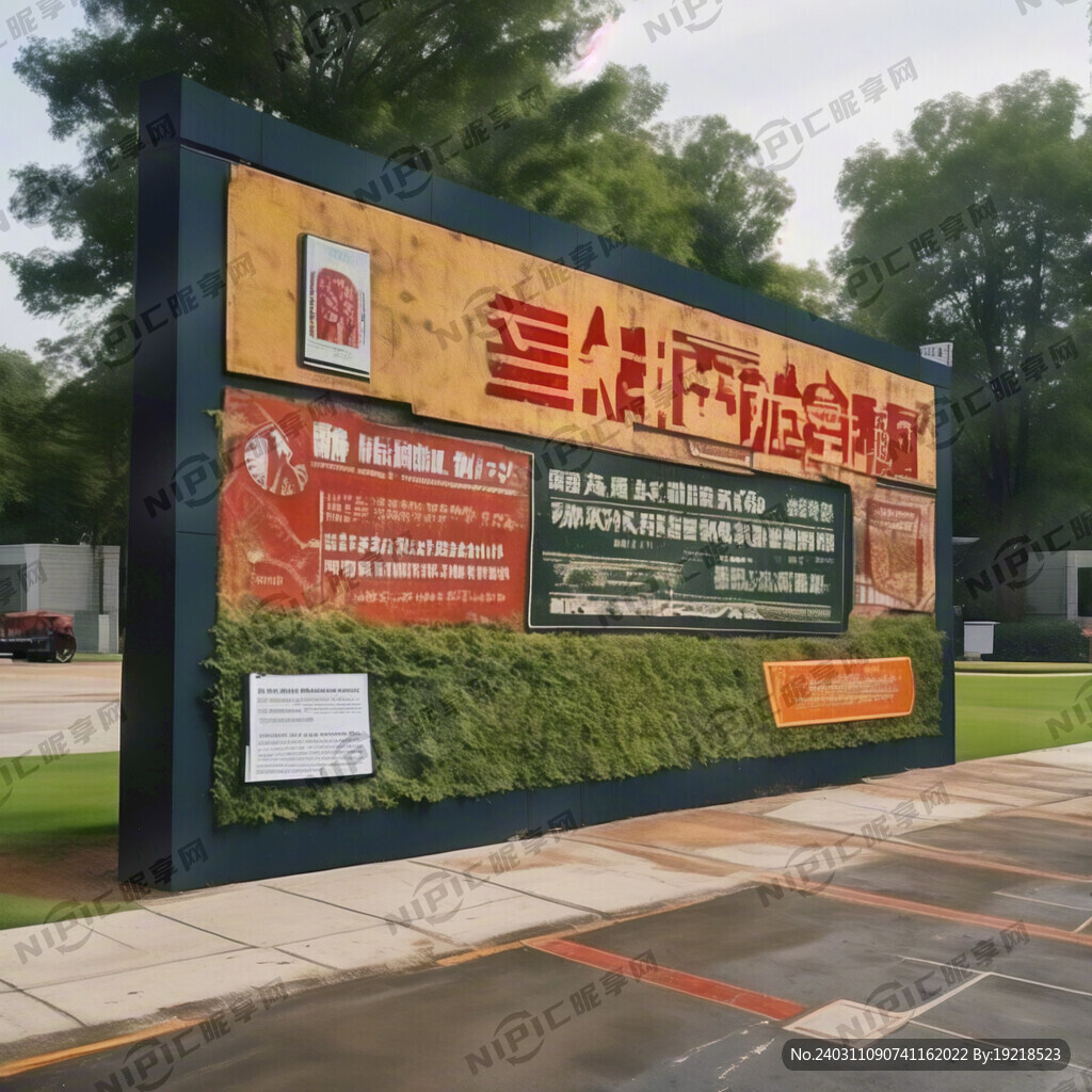 建筑工地入口处草坪围墙上宣传文