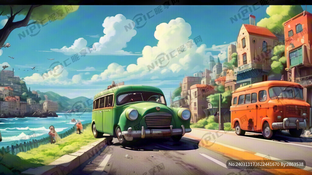 卡通 大海 城市 公路