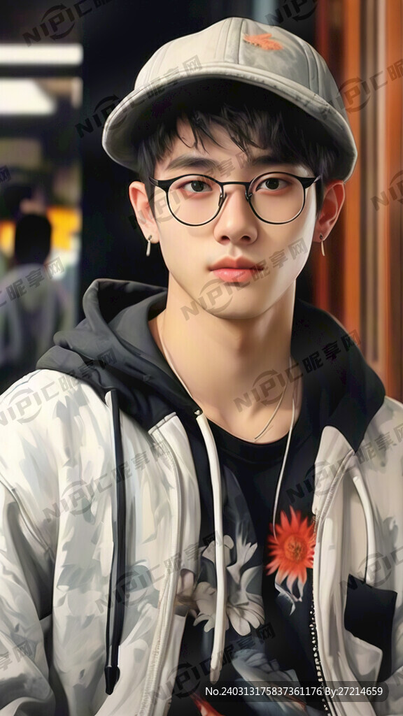 男 眼镜 单眼皮 帽衫 圆脸